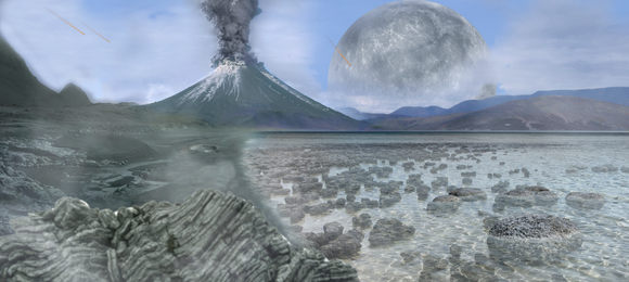 Artist's impression of Earth during its second eon, the Archean. The eon started with the Late Heavy Bombardment around 4 billion years ago. As depicted, Earth's planetary crust had largely cooled, leaving a water-rich barren surface marked by volcanoes and continents, eventually developing round microbialites. The Moon orbited Earth much closer, appearing much larger, producing more frequent and wider eclipses as well as tidal effects.[17]