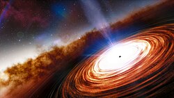 超大質量ブラックホールと超高速風を示すクエーサーJ0313–1806の想像図