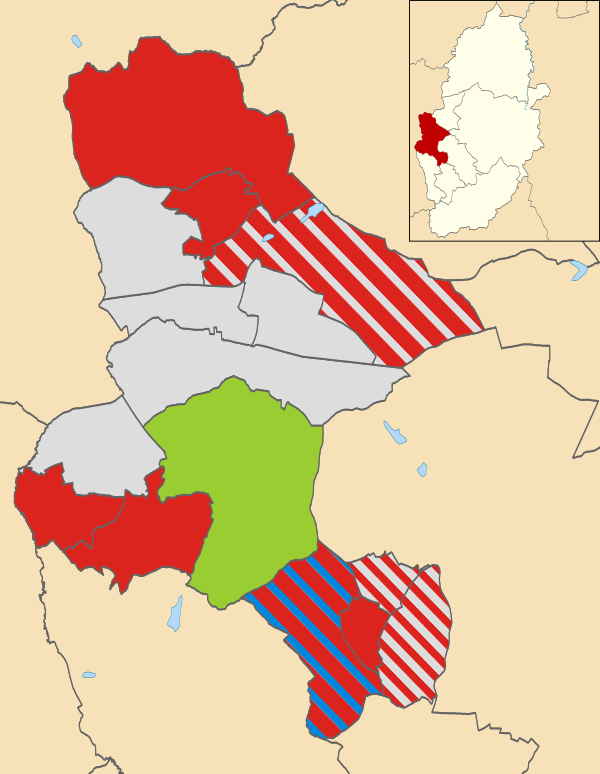 Map of the results of the 2003 Ashfield council election. Labour in red, Independent in grey, Greens in green and Conservatives in blue.