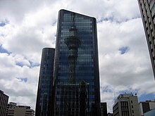 The twin towers of the National Bank Centre are among the tallest buildings in Auckland Auckland skyline 1.jpg