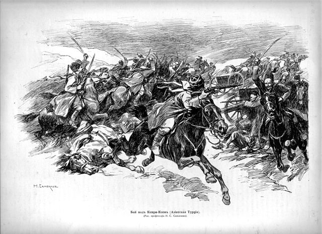 Russian and Ottoman cavalry clash at the Battle of Koprukoy near Erzurum, Turkey.