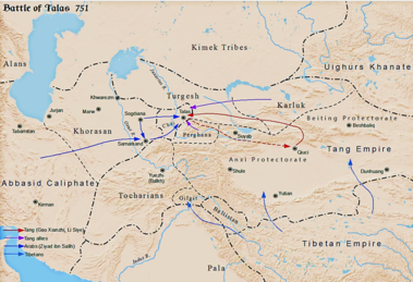 Battle of Talas between Tang dynasty and Abbasid Caliphate c. 751 Battle of Talas.png