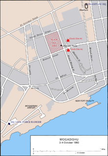 Map of the main battle sites during the Battle of Mogadishu Battle of mogadishu map of city.png