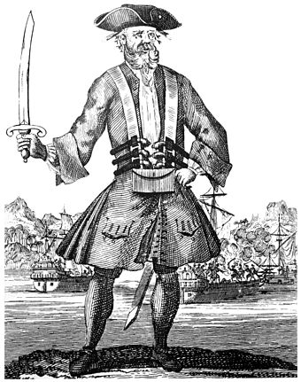 Engraving of the English pirate Blackbeard from the 1724 book A General History of the Pyrates. The book is the prime source for many famous pirates of the Golden Age.[113]
