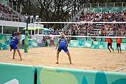 Deutsch: Beachvolleyball bei den Olympischen Jugendspielen 2018; Tag 11, 17. Oktober 2018; Jungen,Finale – Niederlande (Matthew Immers/Yorick de Groot)-Schweden (David Åhman/Jonatan Hellvig) 0:2 (20–22/15–21) English: Beach volleyball at the 2018 Summer Youth Olympics at 17 October 2018 – Final – Netherlands (Matthew Immers/Yorick de Groot)-Sweden (David Åhman/Jonatan Hellvig) 0:2 (20–22/15–21)