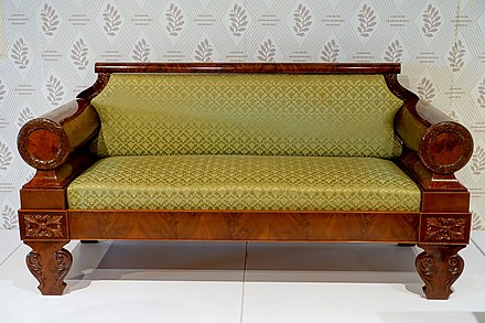 Austrian Biedermeier sofa, c. 1815–1825, mahogany, upholstery (not original), Montreal Museum of Fine Arts (Montreal, Canada)