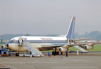 Early production Boeing 707-131 of TEA loading passengers via both access doors at Brussels Airport in 1977 Boeing 707-131 OO-TED BRU 11.09.77 edited-3.jpg