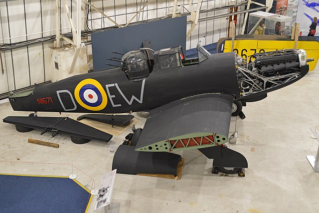 Defiant N1671 from 307 Squadron at the RAF Museum London, partially dismantled, with its tail, engine cowling and outer wing sections removed, 2016