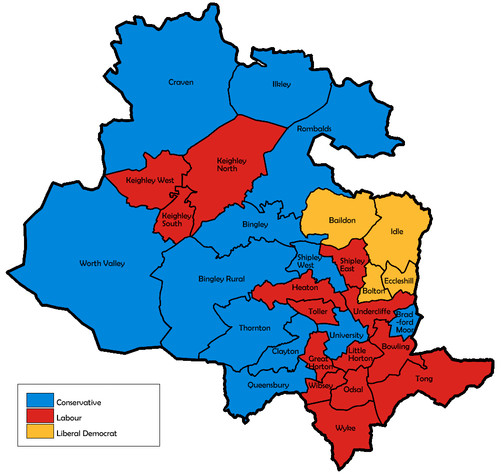 Map of the results for the 1999 Bradford council election. Bradford UK local election 1999 map.png