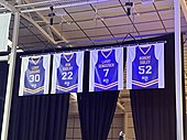 Brisbane Bullets retired jerseys hanging at Nissan Arena, December 2022 Brisbane Bullets retired jerseys.jpg
