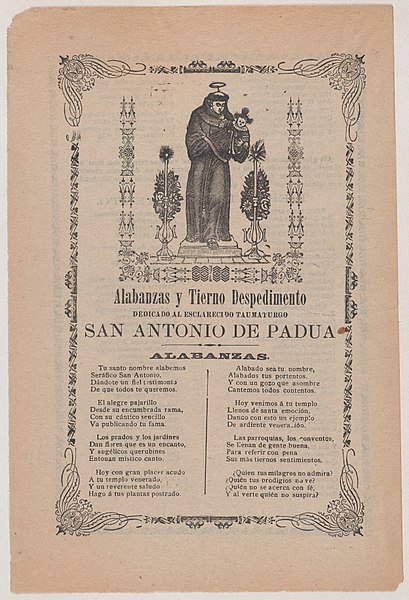 File:Broadsheet relating to Saint Anthony of Padua who is shown holding the Christ child flanked by a candelabra with flowers MET DP868417.jpg