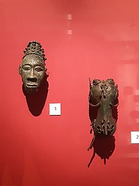 Bronzes made around the 9th century, some of the bronzes found at Igbo-Ukwu. Bronze head and ram's head.jpg