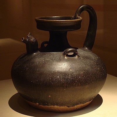 A black-glazed wine or water jug with a rooster-headed spout, Jin dynasty (266–420)