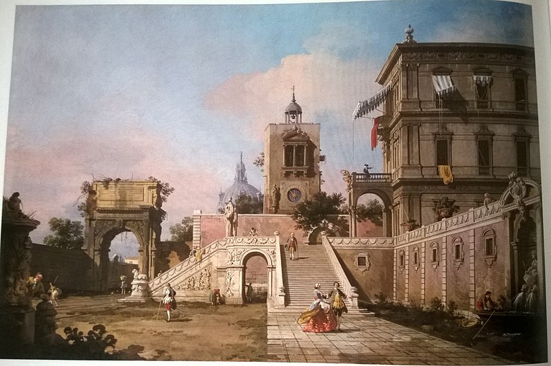 File:Canaletto - Capriccio of a Renaissance Palazzo with a monumental Staircase, a Clock Tower and the Arch of Titus beyond.jpg