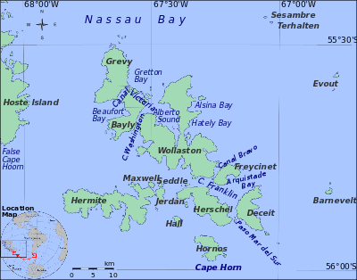 The islands around Cape Horn between South America and Antarctica
