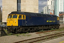 Advenza Freight liveried 57005 at Cardiff Central. Cardiff Central railway station MMB 18 57005.jpg