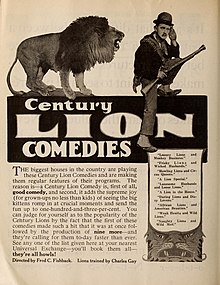 The Century Lions, trained by Charles Gay, appeared in comedies produced by the Stern brothers and distributed by Universal Century Lions Stern Comedies Charles Muriel Gay.jpg