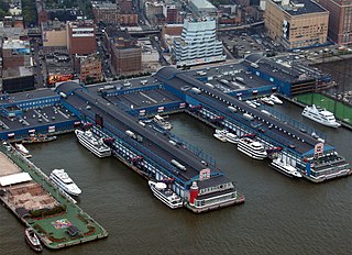 Pier Raised structure in a body of water, typically supported by well-spaced piles or pillars