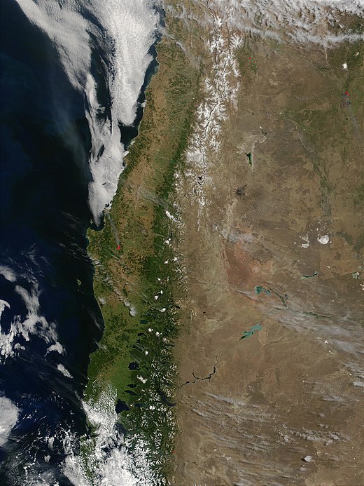 Satellietfoto van een deel van Chili en West-Argentinië