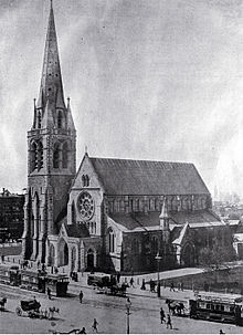 ChristChurch Cathedral, before the 1901 earthquake damaged its spire Christchurch Cathedral 1900.jpg