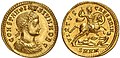 Aureus of Constantine II as caesar, marked: constantinus iun· nob· c· ("Constantine Junior, Noblest Caesar") on the obverse and virtus caesar n· ("the Virtue of Our Caesar") on the reverse