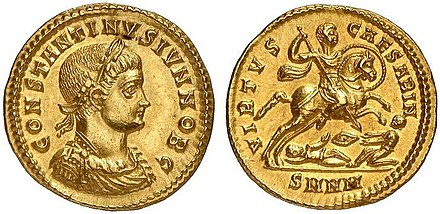 Coin of Emperor Constantine II (r. 337–340), depicting the emperor on horseback, trampling two barbarians (right)