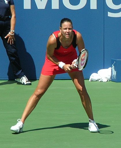 Davenport preparing to return serve at the 2006 U.S. Open against Katarina Srebotnik of Slovenia in the third round on the Grandstand court