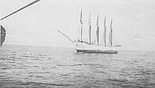 Schooner Carroll A. Deering, as seen from the Cape Lookout lightvessel on 29 January 1921, two days before she was found deserted in North Carolina. (US Coast Guard) Deering2.jpg