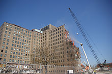 A view of the former Great Lakes Naval Hospital during demolition in 2013. Demolition of the former hospital building at Naval Station Great Lakes.jpg