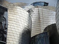 Facade of the Guggenheim Museum in Bilbao with a Yoko Ono Banner