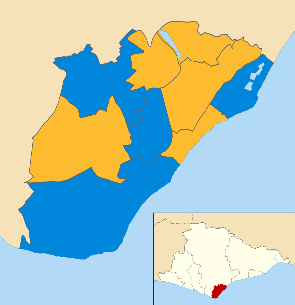 Map of the results of the 2002 Eastbourne Borough Council election. Liberal Democrats in yellow and Conservatives in blue.