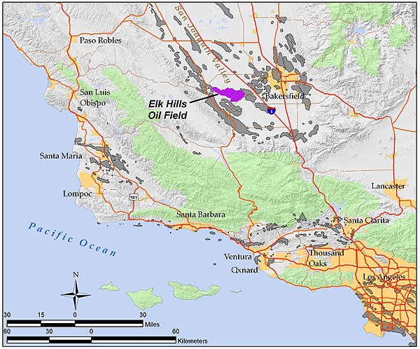 The Elk Hills Oil Field in California, (purple). Other oil fields are shown in gray.