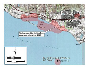 Le champ pétrolifère d'Ellwood et le site de l'attaque japonaise.