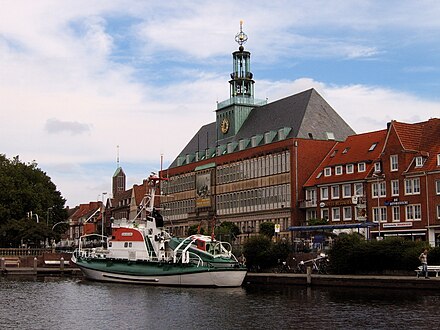 City hall Emden<br/> and museum ship "SAR Georg Breusing"