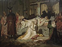 Kriemhild accuses Hagen of murdering Siegfried after Siegfried's wounds begin to bleed in Hagen's presence. Painting by Emil Lauffer, 1879. Emil Lauffer - Kriemhild's Complaint.jpg