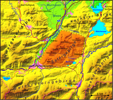 Map of Estergebirge with Simetsberg, lake Walchensee, river Loisach and Kochelsee.