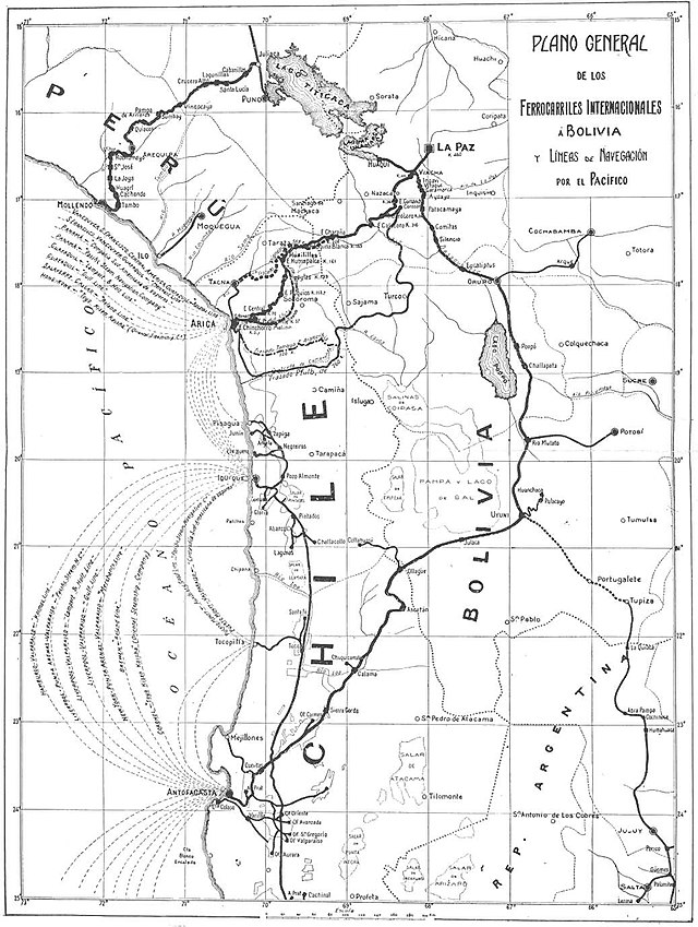 Map of the railroads from Arica and Antofagasta to Bolivia