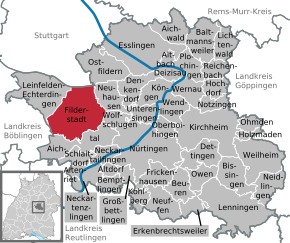Poziția orașului Filderstadt pe harta districtului Esslingen