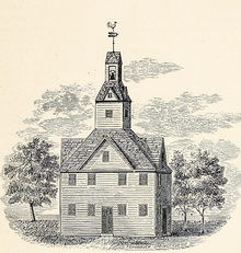 The First Meetinghouse of West Springfield, serving as its church and public meeting space, the 92-foot (28 m) tall structure was built on the common in 1702, and demolished in 1820 First Meetinghouse of West Springfield, built 1702.png