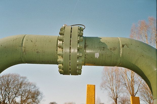 Two ASME type flanges, bolted together on a gas pipeline