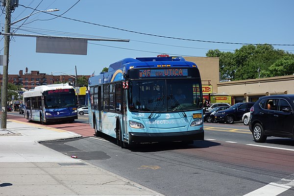 Two Kings Plaza-bound B46 SBS buses at Flatlands Avenue in 2018.