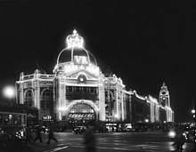 Flinders Street Station illuminated for the 1954 Royal Visit Flinders Street Station 1954.jpg