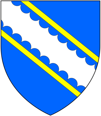 Arms of Fortescue: Azure, a bend engrailed argent cottised or. Latin canting motto: Forte Scutum Salus Ducum ("A Strong Shield is the Salvation of Leaders") FortescueArms.png