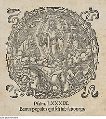 1549 engraving of the Transfiguration of Jesus with Latin quotation: Beatus populus qui scit iubilationem
, "Blessed is the people that know the joyful sound." (Psalm 89:15) Fotothek df tg 0005042 Theologie ^ Astronomie ^ Bibel.jpg