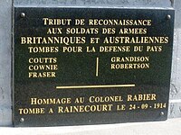 plaque on the Framerville-Rainecourt war memorial acknowledging British and Australian soldiers who died in the area Framerville 3.JPG