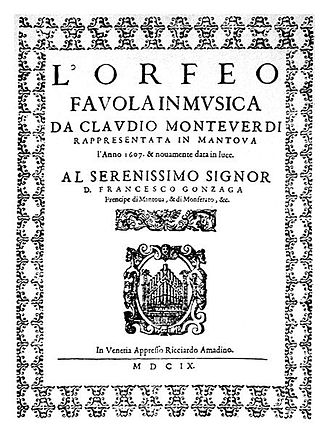 Front cover of the 1609 published score of L'Orfeo Frontispiece of L'Orfeo.jpg