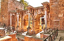 Hadrian's Gate, built in the honor of the Roman emperor Hadrian, who visited Attalea in the year 130 Hadrian's Gate (cropped).jpg