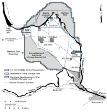 Map of the Hanford site with the B/C reactor site shown at the upper left. Hanford Reach National Monument.png