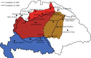Situația teritorială a Republicii Sovietice Ungare      Teritoriul inițial al Republicii Sovietice Ungare      Teritoriu recucerit de către Rep. Sov. Ungară (mai-iunie 1919)      Teritoriu ocupat de către România în aprilie 1919      Teritoriu sub control francez și iugoslav