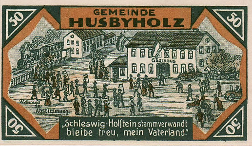 Notgeldschein aus Husbyholz (Zone II) mit Werbung für die deutsche Seite